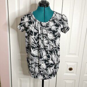 Michael by Michael Kors Floral Palm Print Pleated Short Sleeve Neck Shirt